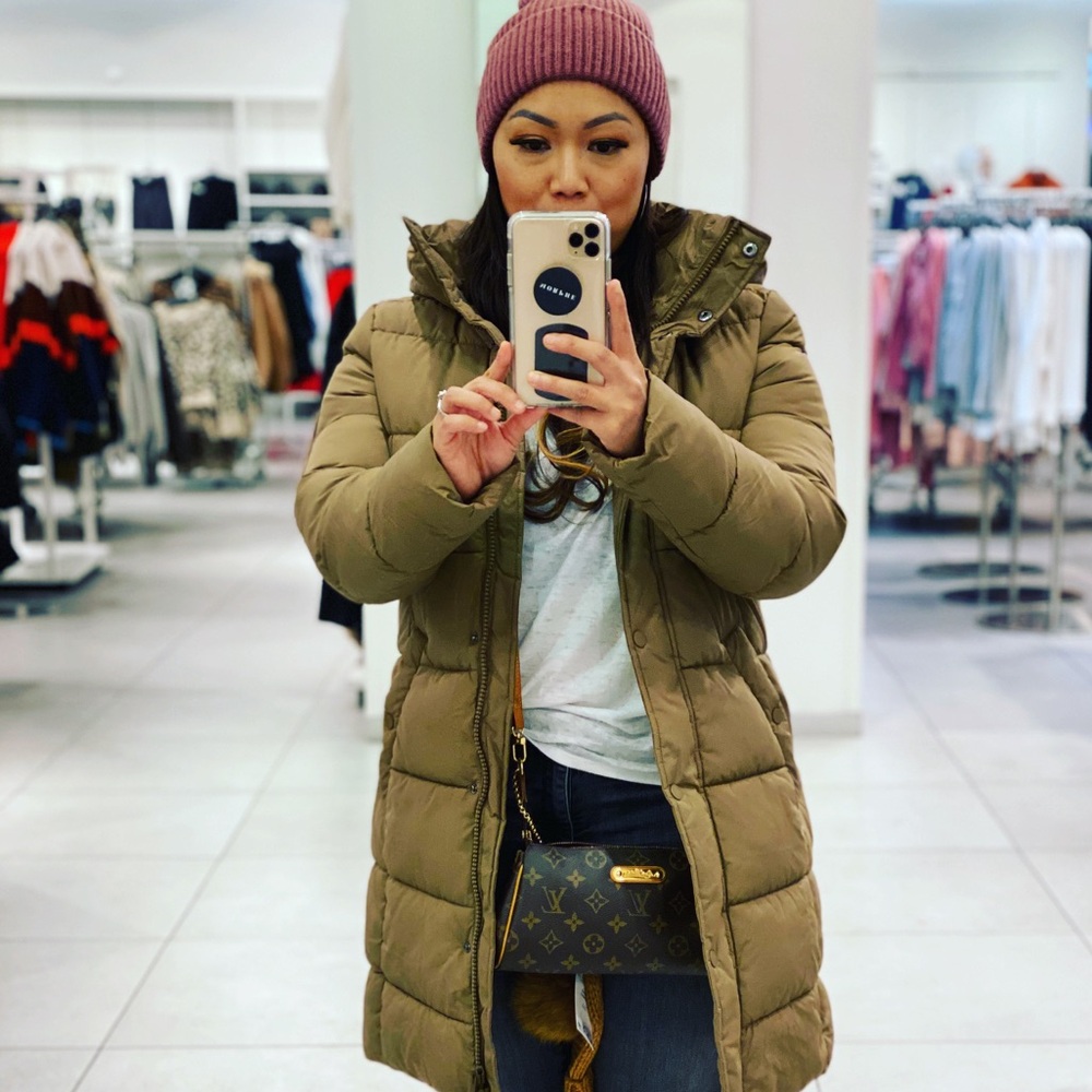 H&M Quilted Puffer Coat - olive green Long Hooded Jacket S